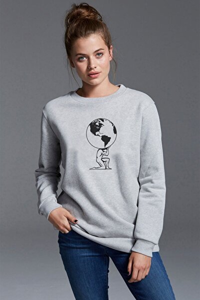 QIVI Silueta Atlas Grčka Mitologija Štampano Siva Ženska Pleteno Dukserica Du...