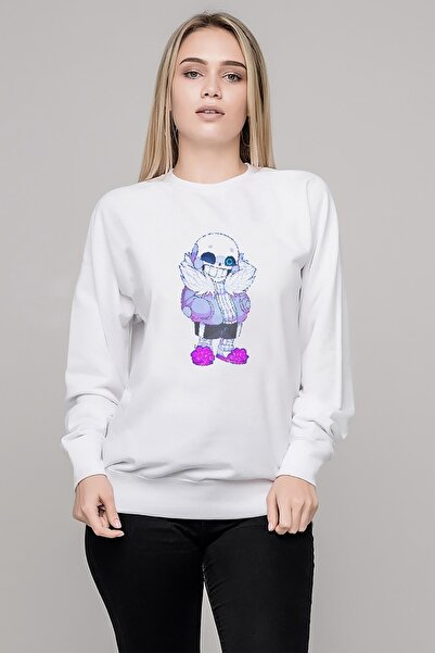 QIVI سويت شيرت نسائي محبوك أبيض مطبوع عليه فسيفساء من Undertale بأكمام طويلة