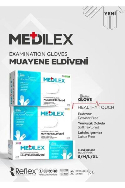 REFLEKS Medilex Pudrasız Muayene Eldiveni Mavi Renk 1 Koli 20 Paket 2000 Adet...