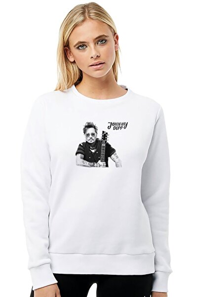 QIVI سويت شيرت نسائي محبوك أبيض اللون بطبعة جوني ديب وأكمام طويلة