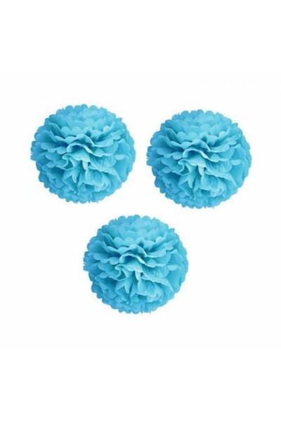 Happyland 3 Lü Mavi Renk Pelur Kağıt Ponpon Çiçek Asma Süs 25 Cm