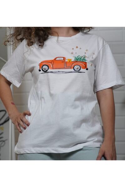 Kadın Beyaz İnci Işlemeli Baskılı Tshirt