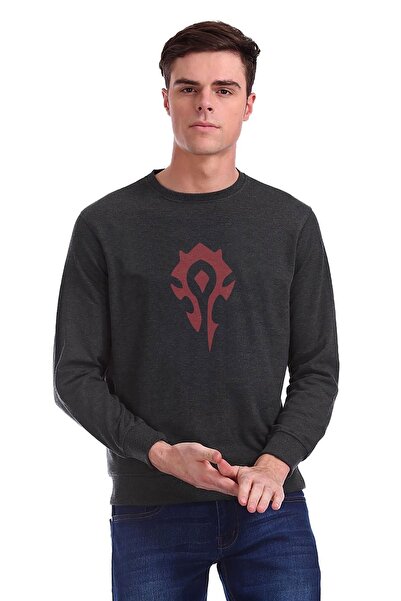 QIVI سويت شيرت محبوك للرجال من Horde مطبوع باللون الفحمي المدخن بأكمام طويلة