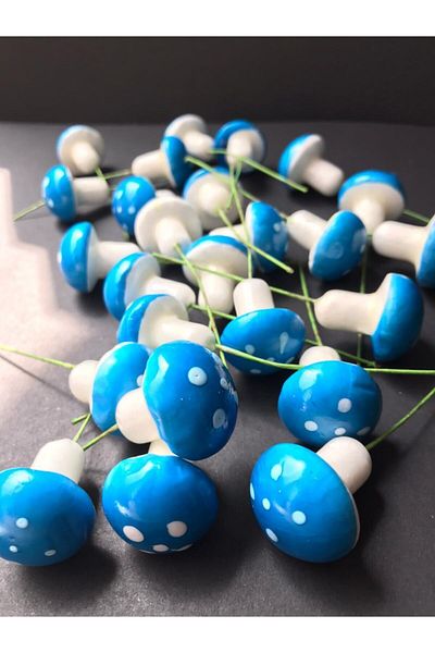 DEMİRTAŞ KALIP Blue Mushroom Medium Size Terrarium Ornament with 25 Sticks