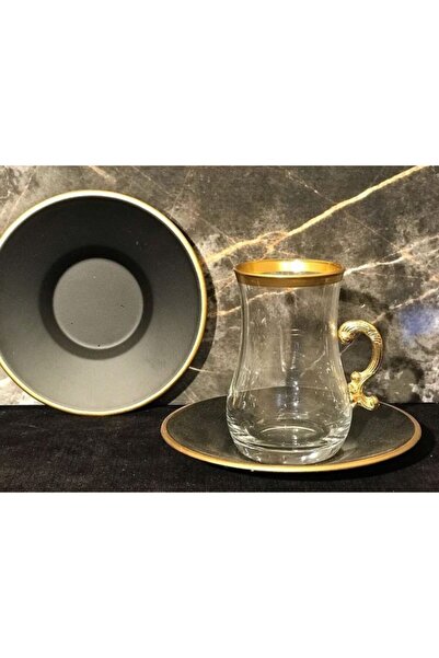 panayır طقم أكواب شاي مزخرفة يدوياً باللون الأسود 12 قطعة تكفي 6 أشخاص