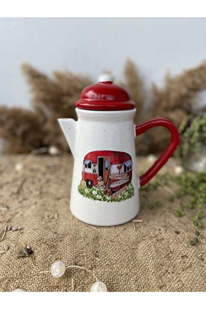 Handmadesign Kapaklı El Yapımı Seramik Sürahi Karavanlı Kırmızı Köpekli Kamp