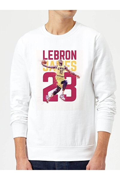 QIVI سويت شيرت رجالي محبوك أبيض مطبوع من ليبرون جيمس بأكمام طويلة