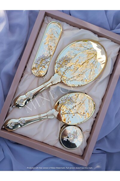 Alyans Kristal Taş Broşlu Gold Ayna Tarak Seti