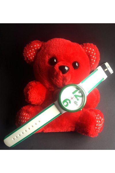Star Red Plush Teddy Bear 14 Cm - Green and White Silicone Watchband with Gift