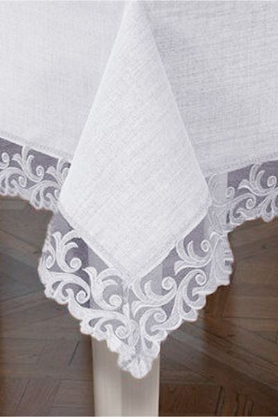 Çeyiz Bahçesi Față de masă albă cu dantelă franceză Ivy 160&240