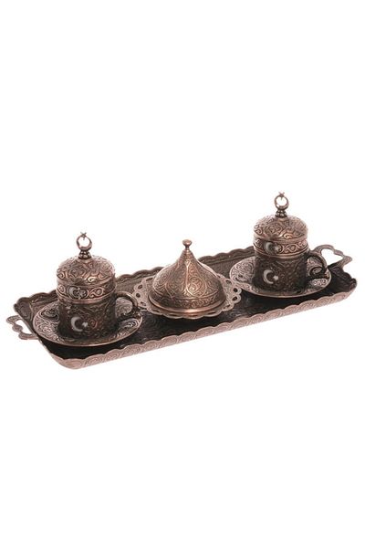 BAZAAR 4 Ottoman Crescent Star Motif Turkish Coffee Set for 2 People - Antique Copper Crst162