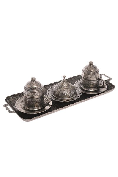 BAZAAR 4 Ottoman Motif Turkish Coffee Presentation Set for 2 People - Pewter Crst164