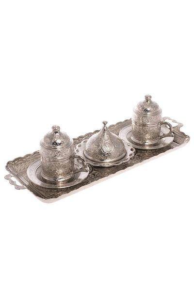 BAZAAR 4 Ottoman Motif Turkish Coffee Presentation Set for 2 People - Silver Color Crst164