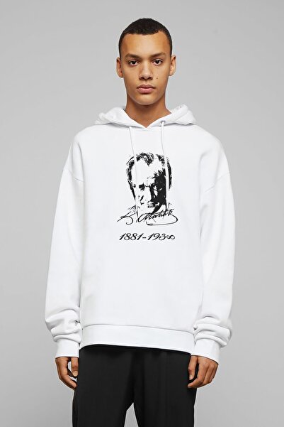 QIVI K Atatürk Signature 1881 1938 Printed White Men's Knitted Hooded Sweatsh...