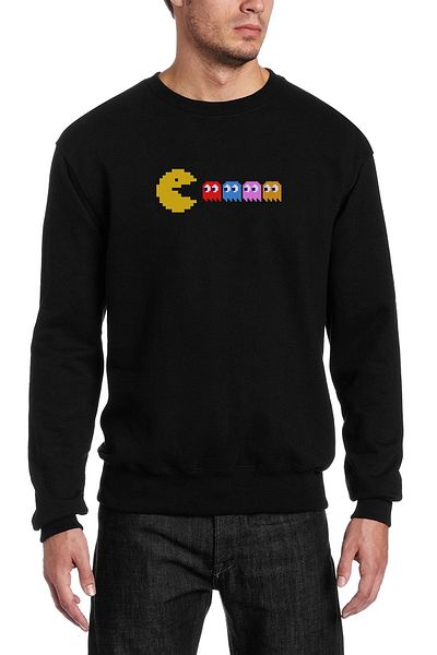 QIVI Pac Man Pixel Printed Black Men's Knitted Sweatshirt Long Sleeve