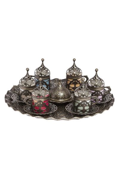 BAZAAR 4 طقم قهوة تركية عثمانية حريم سلطان 6 أكواب ملونة - أصفر عتيق Crst116