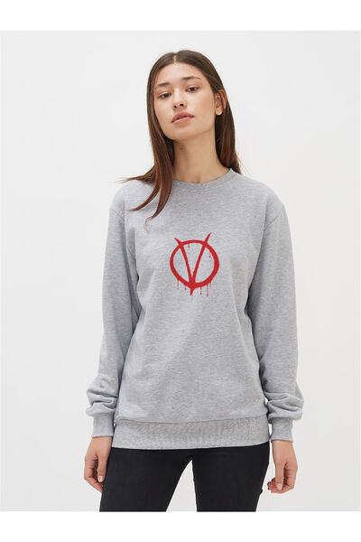 QIVI Women's Gray V For Vendetta Printed Knitted Long Sleeve Sweatshirt