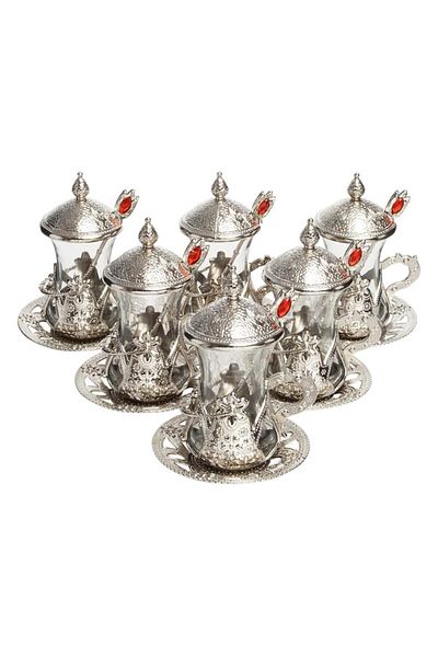 BAZAAR 4 Ottoman Motif Tea Set with Spoon - White Crst764
