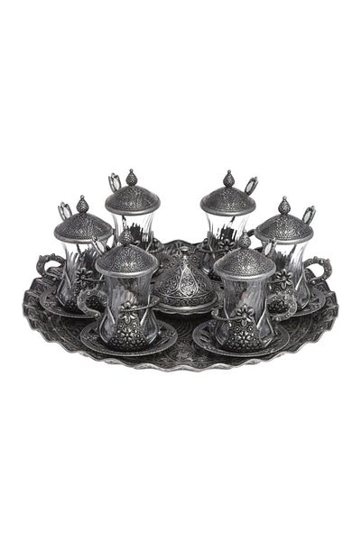 BAZAAR 4 Ottoman Motif Tea Presentation Set with Spoon - Pewter Crst704