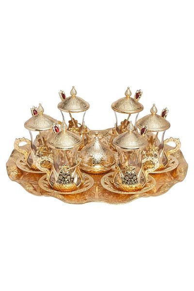 BAZAAR 4 طقم عرض شاي بزخارف عثمانية مع ملعقة - أصفر Crst704