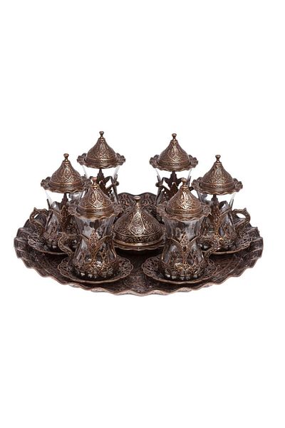 BAZAAR 4 طقم عرض شاي ميهريبان بزخارف عثمانية - نحاس عتيق Crst702