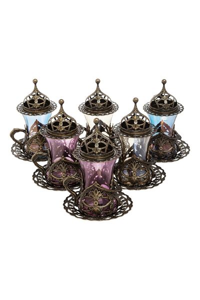 BAZAAR 4 Hürrem Colored Tea Presentation Set with Ottoman Motif - Antique Yellow Crst768