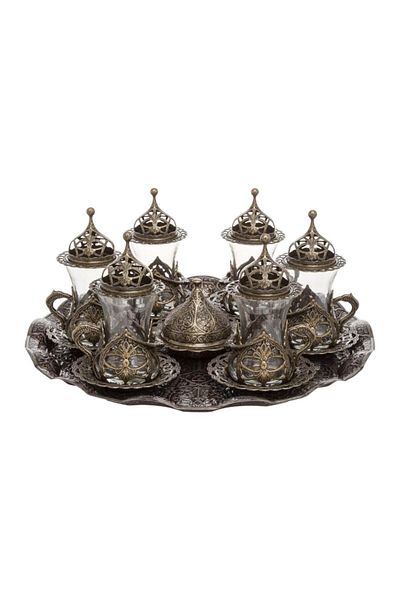 BAZAAR 4 طقم عرض شاي Hürrem بزخارف عثمانية - أصفر عتيق Crst706