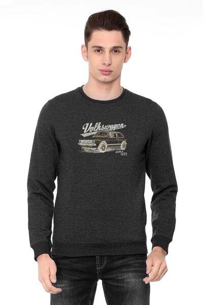 QIVI Wv Gtı Printed Smoked Anthracite Men's Knitted Sweatshirt Long Sleeve