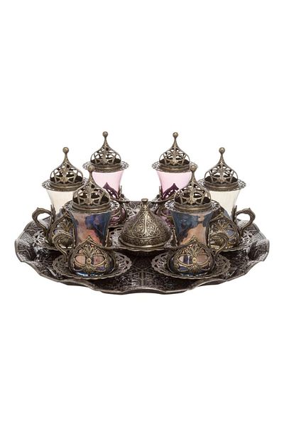BAZAAR 4 طقم عرض شاي Hürrem ملون بزخارف عثمانية - أصفر عتيق Crst708