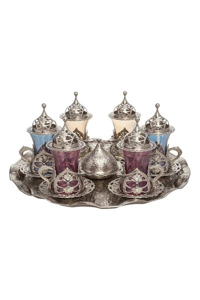 BAZAAR 4 طقم عرض شاي Hürrem ملون بزخارف عثمانية - أبيض Crst708