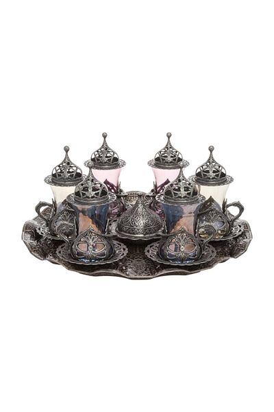 BAZAAR 4 طقم عرض شاي Hürrem ملون بزخارف عثمانية - بيوتر Crst708