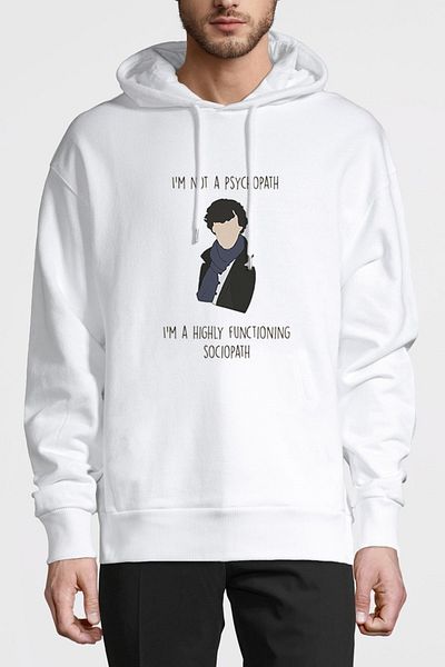QIVI Sherlock Holmes Printed White Men's Knitted Hooded Sweatshirt Long Sleeve