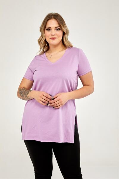 Seamoda Women's Lilac V-Neck Slit Basic T-shirt