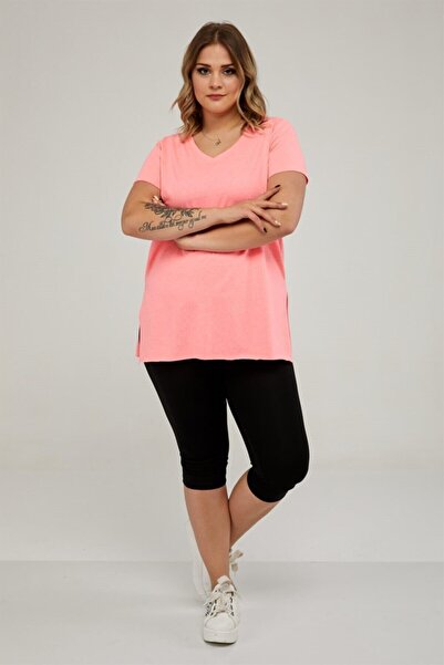 Seamoda Kadın Neon Pembe V Yaka Yırtmaçlı Basic Tshirt