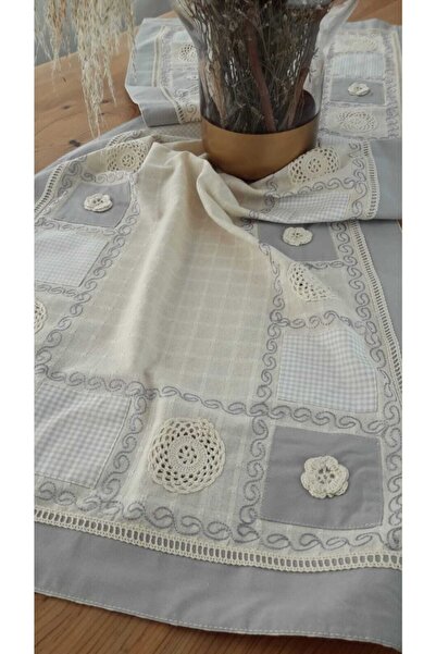 Bohemian Mavi El Işi Patchwork Dantelli Naturel Runner