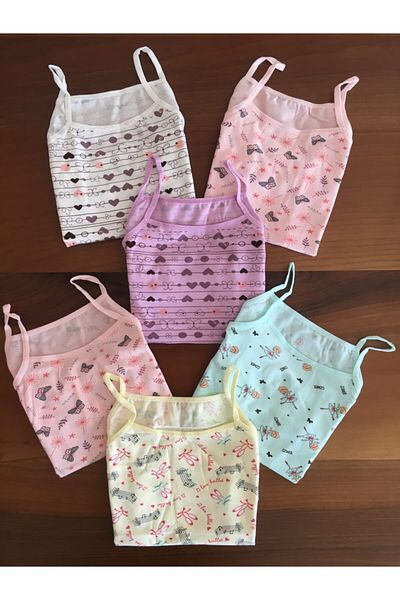 LEYNA BUTİK Girl's Printed Rope Strap Undershirt 6 Pack