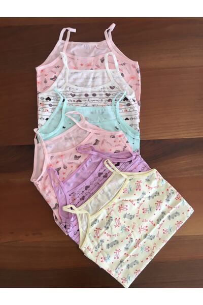 LEYNA BUTİK Girl's Printed Rope Strap Undershirt 6 Pack