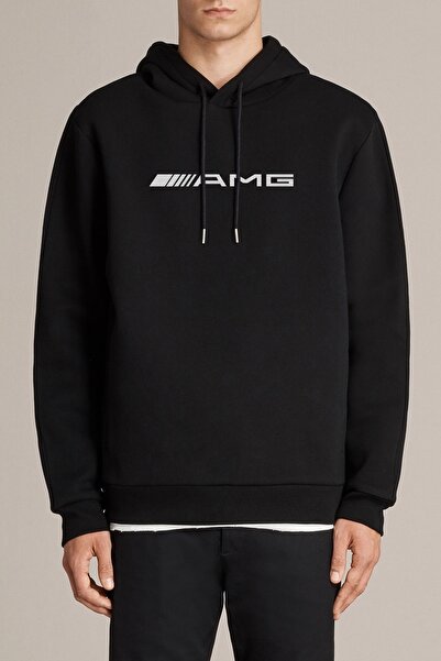 QIVI Amg Printed Black Men's Knitted Hooded Sweatshirt Long Sleeve