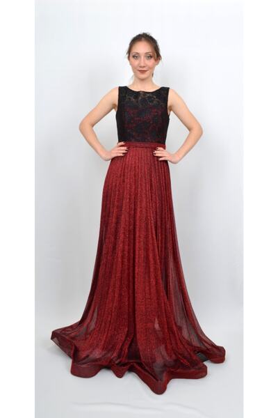 ALİS DRESS Kadın Kırmızı Siyah Üst Kısmı Dantel Simli Pilise Etekli Abiye