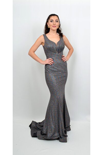 ALİS DRESS Kadın Gümüş Çok Renkli Simli Volanlı Abiye