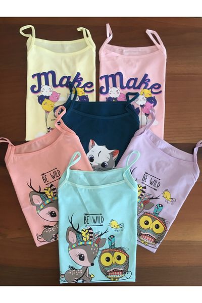 LEYNA BUTİK Girl's Printed Rope Strap Undershirt 6 Pack