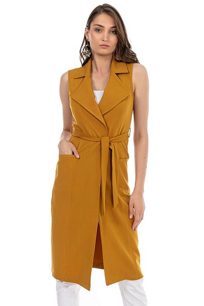 DISENTIS MODEST Mustard Midi Vest - Classic Collar, Pockets and Belted