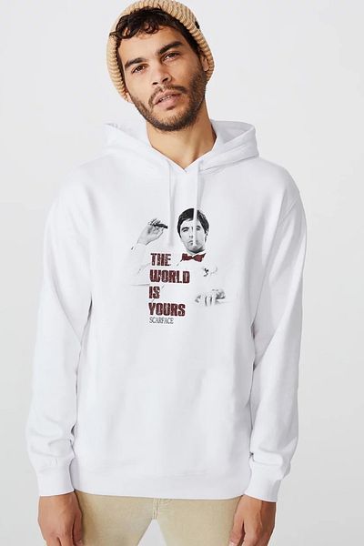 QIVI Scarface The World Printed White Men's Knitted Hooded Sweatshirt Long Sleeve