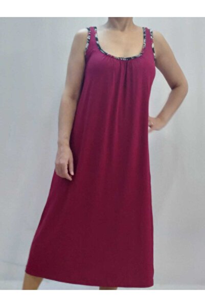 Mertcan Butik Burgundy Dress with Gathered Patterned Piping Detail on the Front and Back