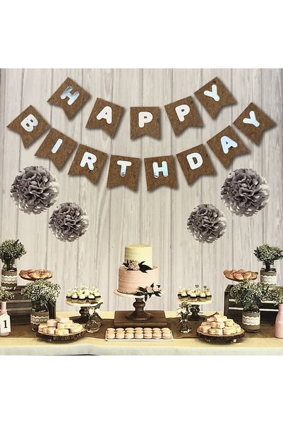 Huzur Party Store Kraft Karton Üstüne Gümüş Gri Yaldızlı Happy Birthday Yazıl...