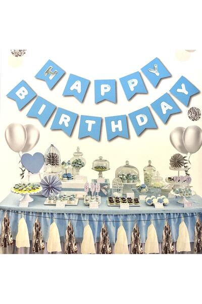 Huzur Party Store Mavi Üstüne Gümüş Gri Yaldızlı Happy Birthday Yazılı Doğum ...