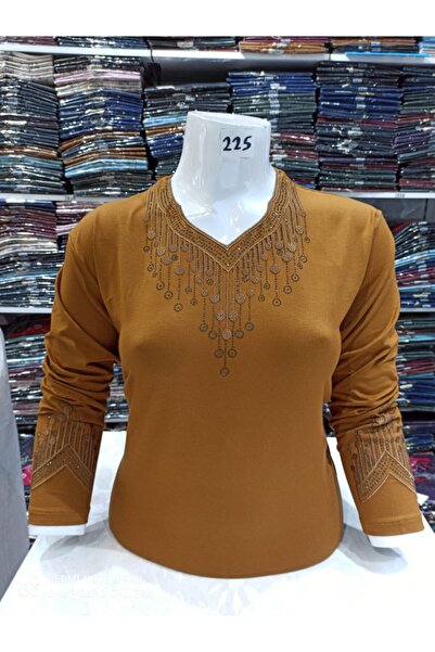Nacar Kadın Hardal Yaka Süslemeli Penye Bluz