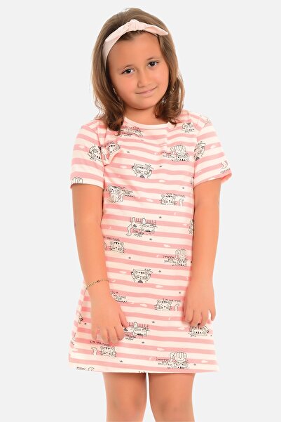 ŞahTan PINK Girl Short Sleeve Tunic Striped Cat Pattern