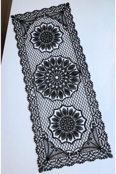 WENESSİ Model Fagure Anglez Snur Brodat Tulle Runner Negru Argintiu Sclipici 120cm