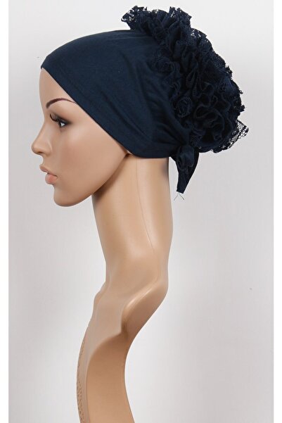 Beyaz İnci Bone غطاء رأس مكشكش من الخلف باللون الأزرق الداكن